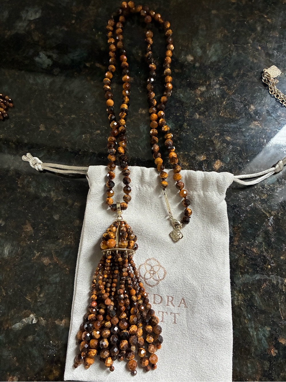 Kendra Scott gold Sylvia beaded necklace in tigers eye.